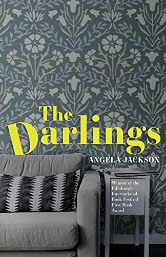 Book cover: "The Darlings" by Angela Jackson, with floral wallpaper backdrop.