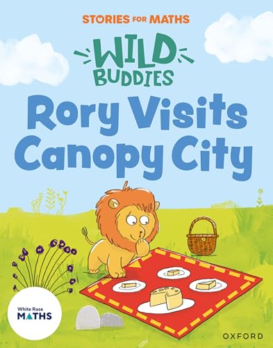 Book cover: lion with picnic, text “Stories for Maths: Rory Visits Canopy City.”