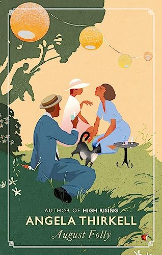 Illustration of three people and a cat picnicking under paper lanterns in a garden.