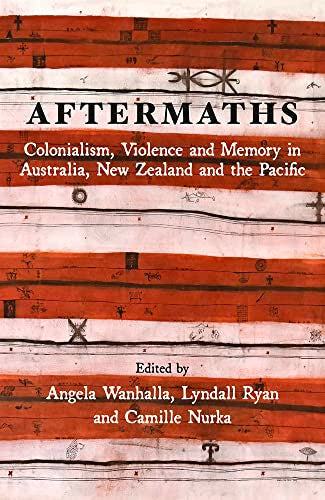 Book cover for "Aftermaths" with red and white striped, patterned background.