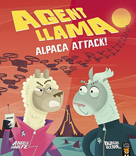 Two cartoon llamas, one angry, one surprised, with flying alpacas.