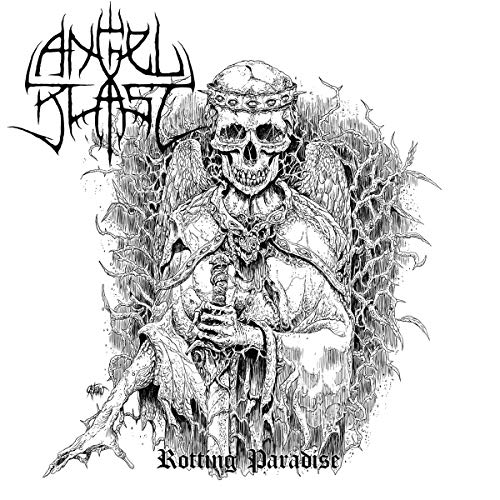 Black and white illustration of a skeletal angel with thorny vines.