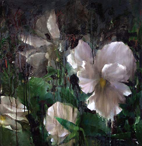 Impressionistic painting of pale flowers with dark green and black foliage.