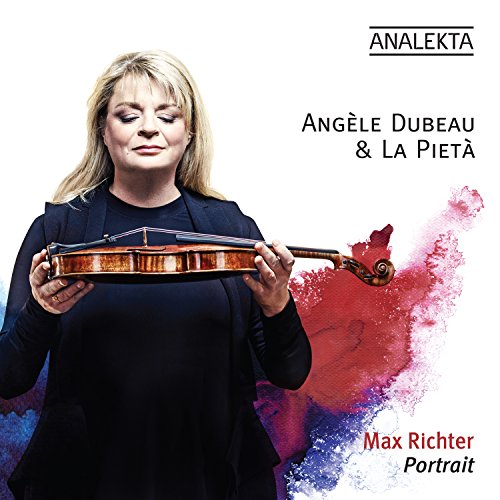 Woman holding a violin with abstract red and blue paint splashes.