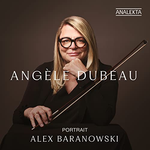 Angele Dubeau, cellist with glasses, holding a bow, album cover.