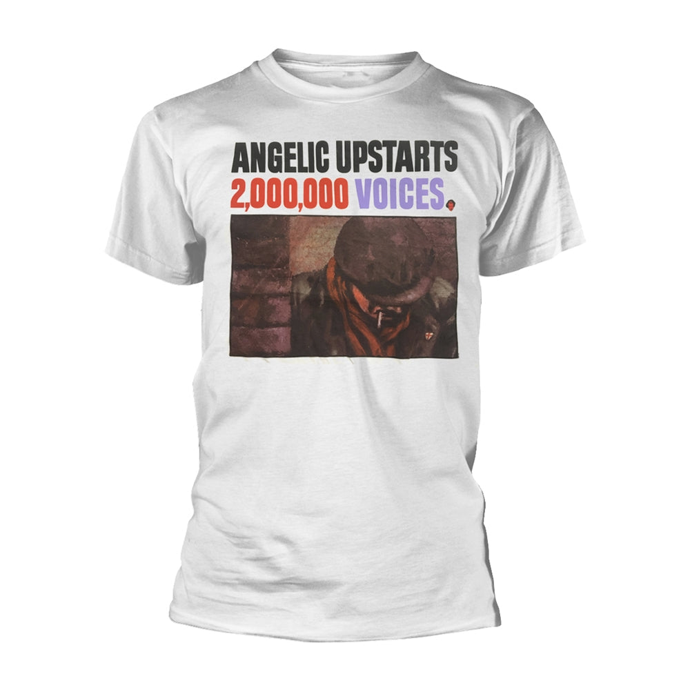 White t-shirt with Angelic Upstarts band logo and album artwork.