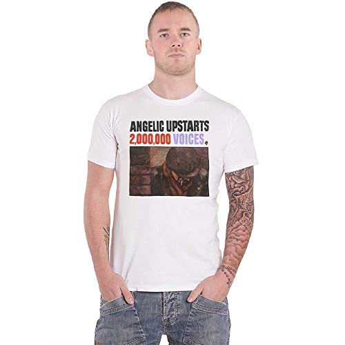 White t-shirt with Angelic Upstarts band logo and image of a man.