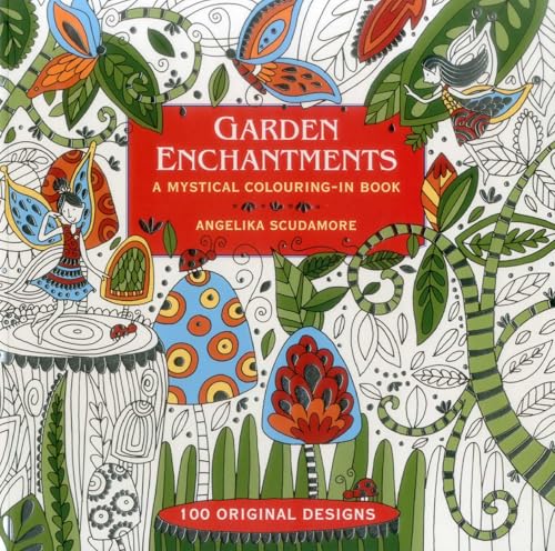 Cover of Garden Enchantments colouring book featuring fairies, butterflies, and whimsical garden illustrations.