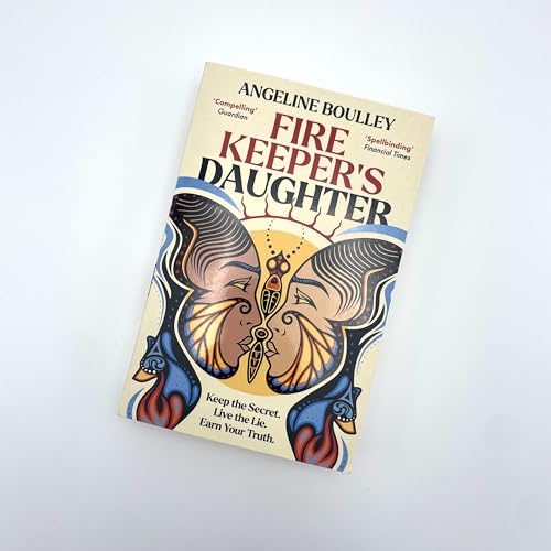 Book cover for Firekeeper's Daughter by Angeline Boulley with stylized faces and butterfly wing patterns.