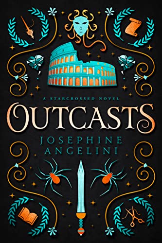 Book cover with ornate teal and orange illustrations, title “Outcasts” in gold.