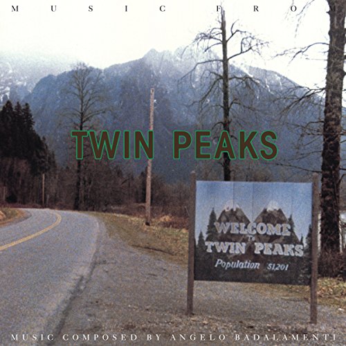 Twin Peaks welcome sign with mountains, road, and album text overlay.
