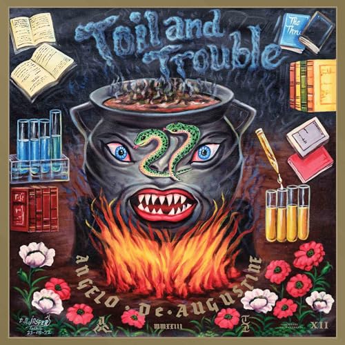 A cauldron with a face, snakes, and fire, surrounded by books, test tubes, and flowers.