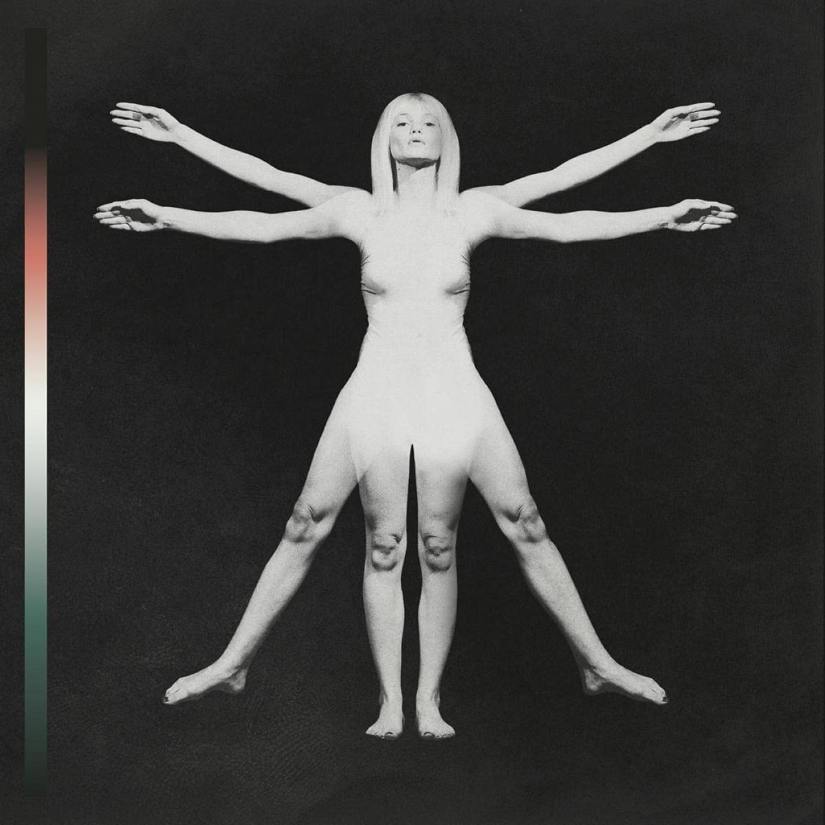 Lifeforms" CD cover: woman in Vitruvian Man pose, grayscale.