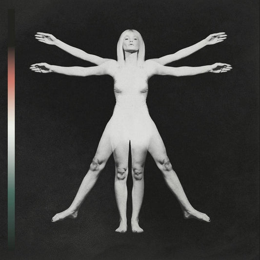 Lifeforms" CD cover: woman in Vitruvian Man pose, grayscale.