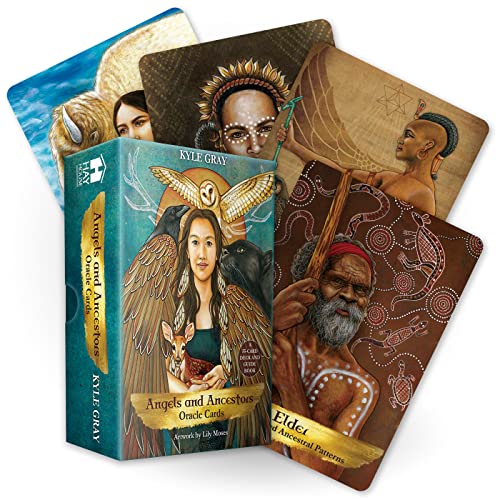 Angels and Ancestors oracle card deck box with several illustrated cards fanned behind it.
