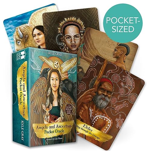 Oracle card deck box and sample cards featuring diverse portraits and animals.
