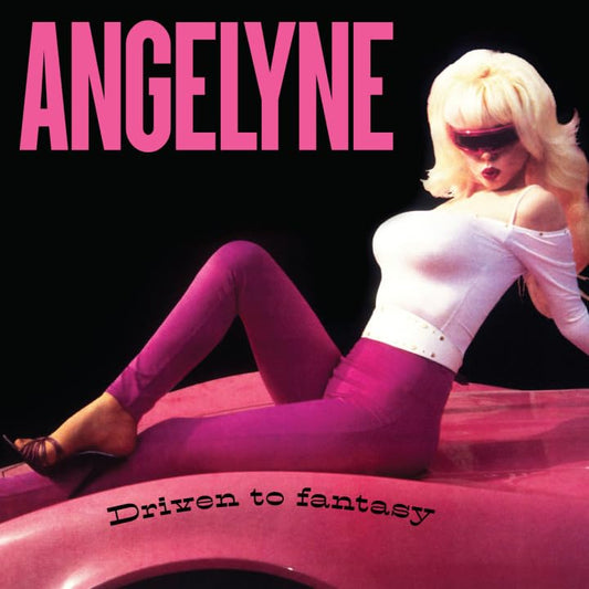 Angelyne with blonde hair and sunglasses posing on a pink car against black background.