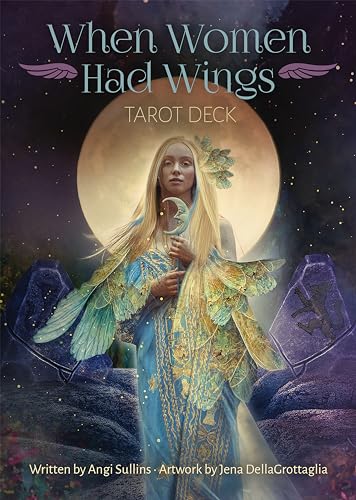 “When Women Had Wings” Tarot Deck cover with a woman and crescent moon.