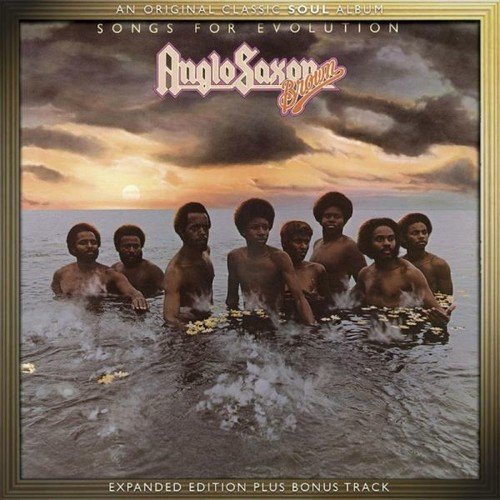"CD cover featuring men in water with flowers, sunset background, gold frame."