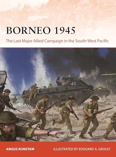 Book cover depicting soldiers landing on a beach during WWII, Borneo 1945.
