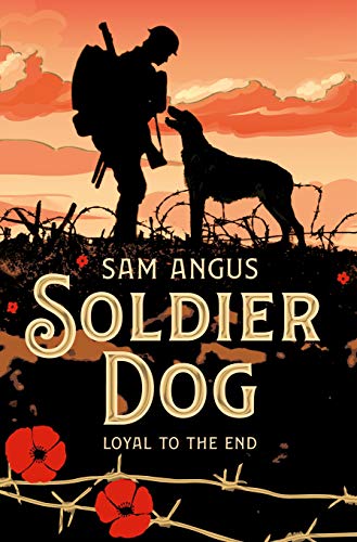 Silhouette of a soldier and a dog against a sunset sky with barbed wire.