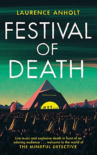 Book cover: "Festival of Death" with a festival stage and crowd illustration.