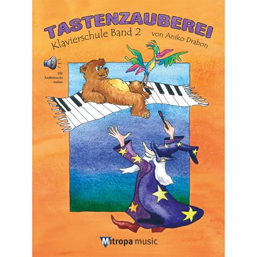 Colorful piano school book cover with bear, wizard, and musical notes.