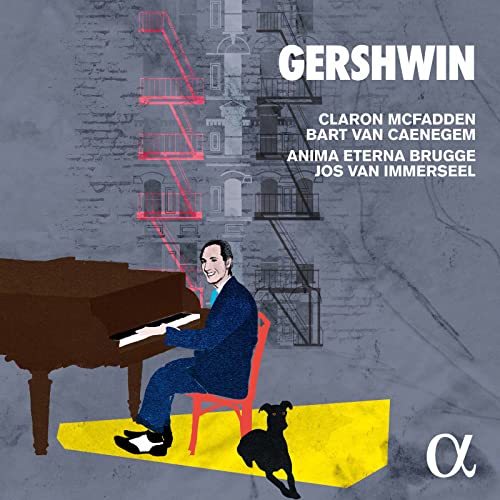 CD cover: Pianist, dog, and building illustration with "Gershwin" text.