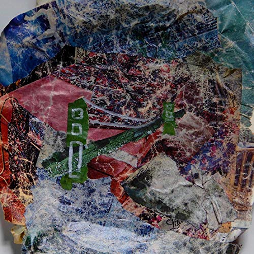 Abstract collage of textured, layered paper scraps in shades of blue, red, and green.