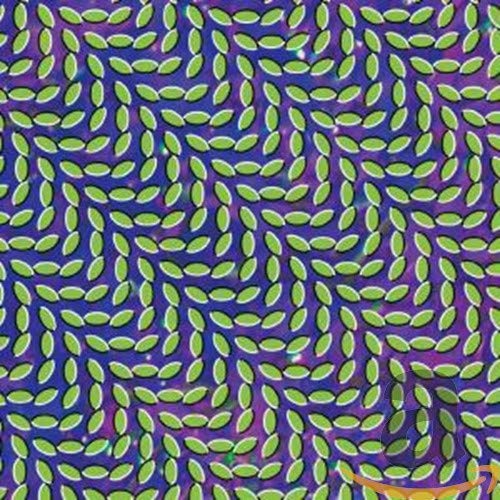 Abstract album cover with repeating green leaf shapes on purple background.