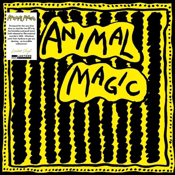 Animal Magic vinyl record cover: yellow lettering on black, zebra-stripe background.