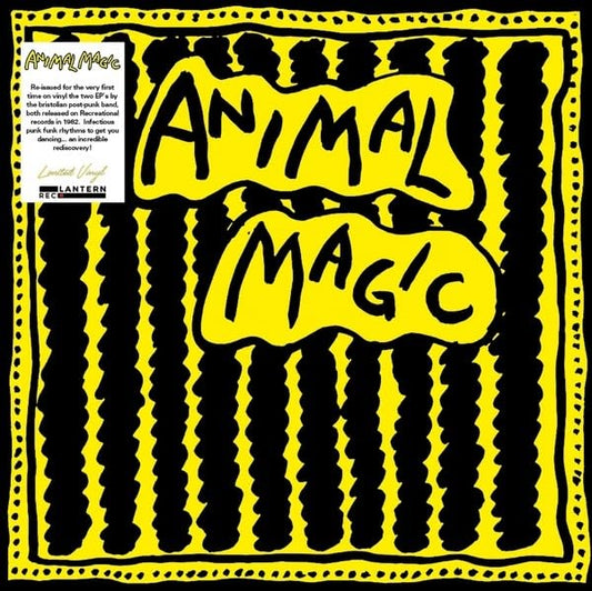 Animal Magic vinyl record cover: yellow lettering on black, zebra-stripe background.