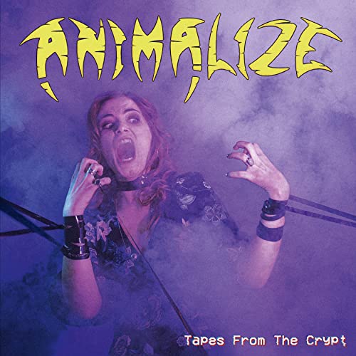 Album cover: woman screaming, clawing hands, yellow text on blue background.