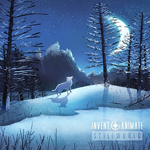 White wolf howling in a snowy, moonlit forest landscape.