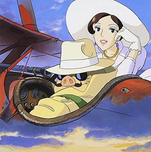 Anime illustration of a woman and a pig piloting a red biplane.