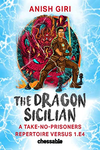 Book cover featuring Anish Giri as a warrior standing before a large red dragon.