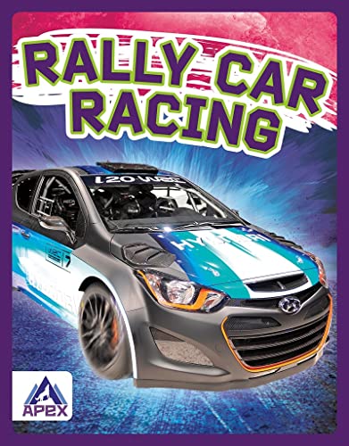 Blue and white rally car speeding, book cover titled "Rally Car Racing".