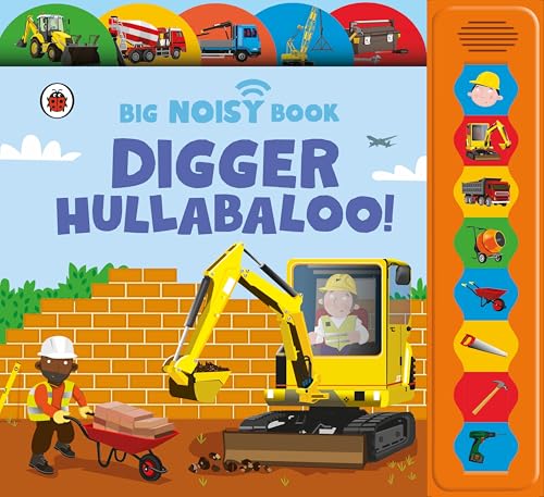 Colorful children’s book cover featuring construction vehicles and a digger.