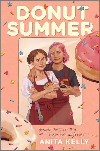 Book cover: two women with donuts, pink and orange background.