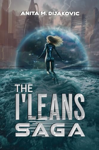 Book cover: woman in futuristic suit over water, city background.