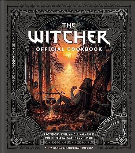 “The Witcher Official Cookbook” cover with forest scene and ornate dark frame.