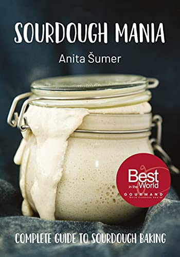 Book cover: "Sourdough Mania" with a jar of sourdough starter.
