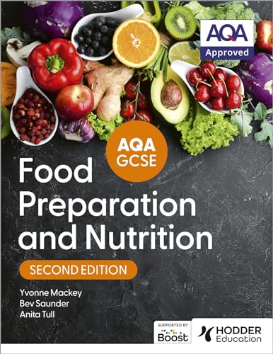 Textbook cover titled AQA GCSE Food Preparation and Nutrition with fresh produce background.