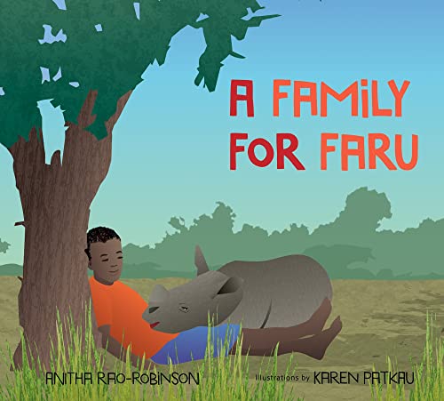 Boy and rhinoceros resting under a tree, book cover illustration.