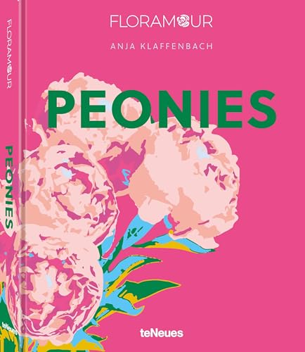 Book cover titled Peonies with stylized pink flower illustration on a bright pink background.