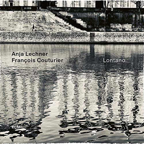 Black and white album cover with a body of water and a stone staircase.