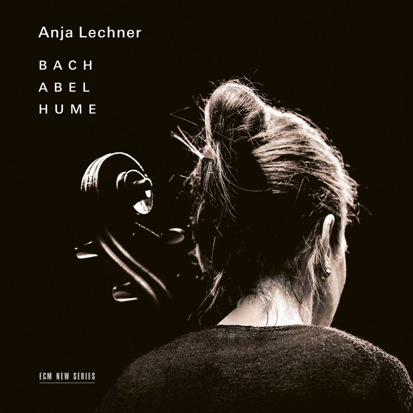 CD cover featuring cellist Anja Lechner seen from behind, black background.