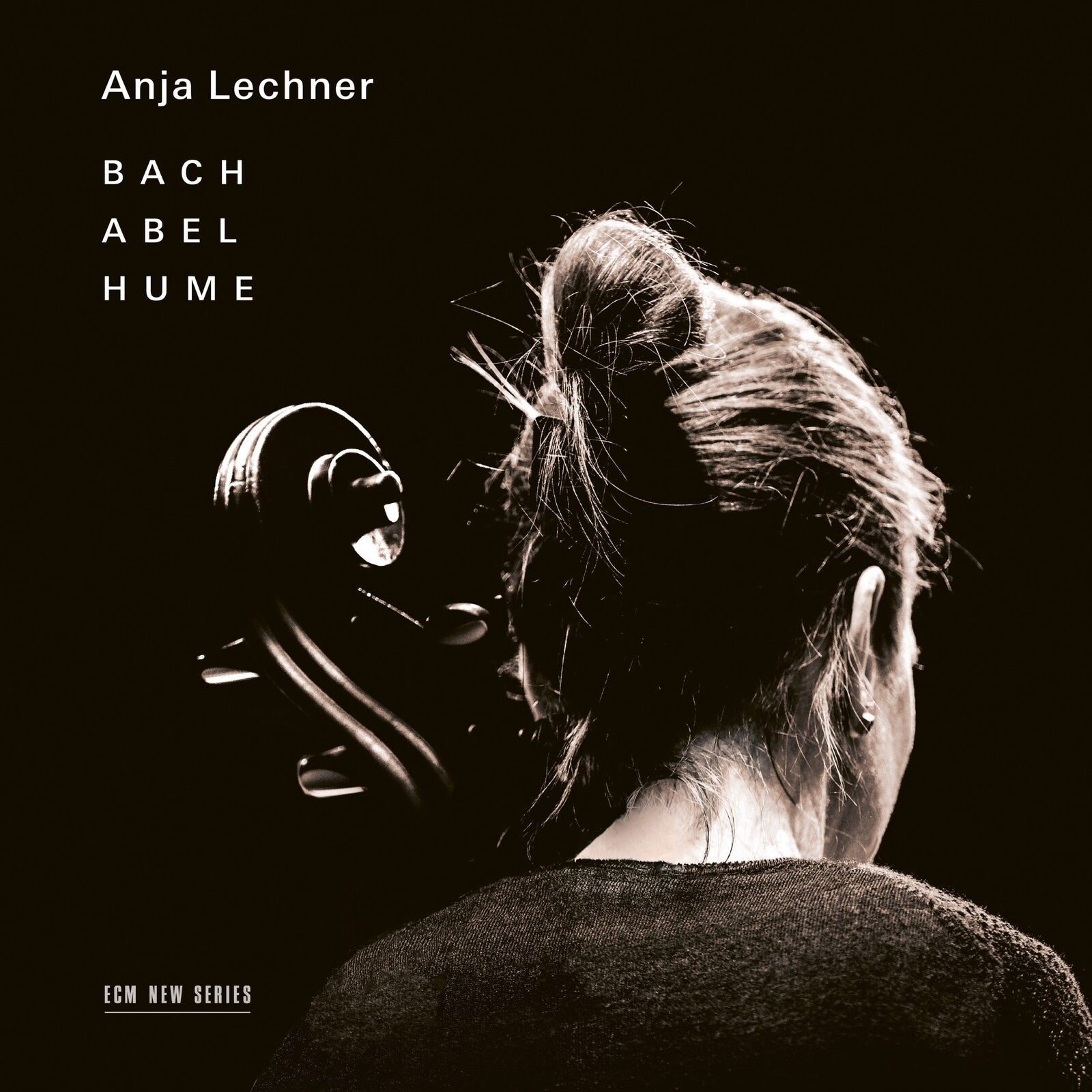 CD cover featuring cellist Anja Lechner seen from behind, black background.