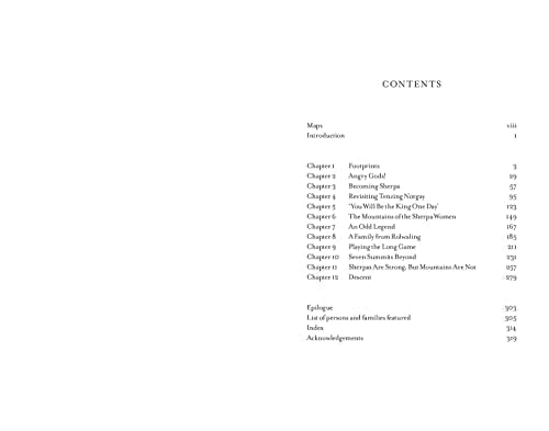 Table of contents from the book "Sherpa," listing chapters and page numbers.