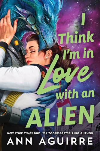 Book cover: woman embraced by a blue, scaled alien in space.